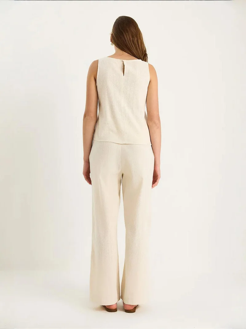 Bianco Lucci Cream Natural LUCCI High Waist Sleeveless Linen Blended Two-Piece Set for Women | Best Price UAE