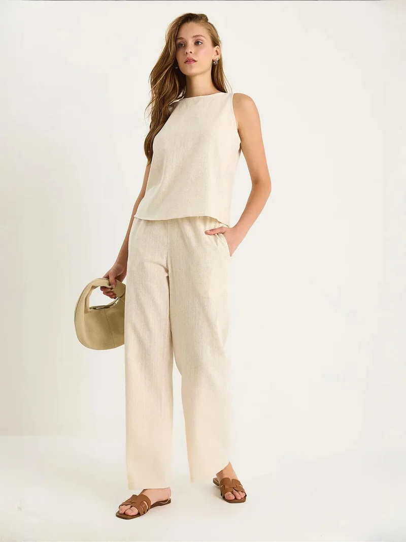 Bianco Lucci Cream Natural LUCCI High Waist Sleeveless Linen Blended Two-Piece Set for Women | Best Price UAE
