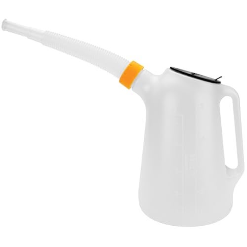 Performance Tool W4046 5 Qt. Oil Jug w/Lid - Measurement Markings, Pouring Handle, Flexible Spout, Spill-Free Oil Transfer, White - Image 1