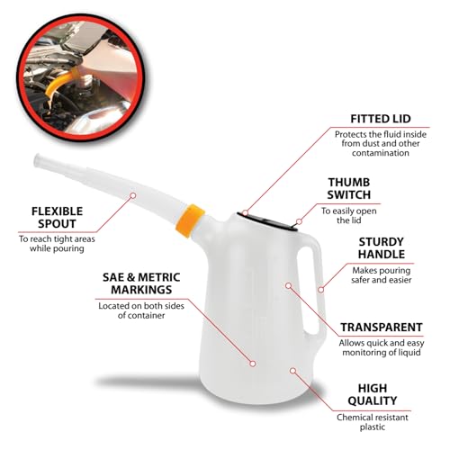 Performance Tool W4046 5 Qt. Oil Jug w/Lid - Measurement Markings, Pouring Handle, Flexible Spout, Spill-Free Oil Transfer, White - Image 2