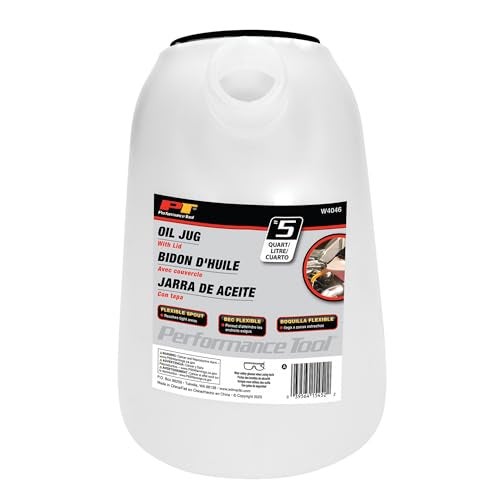 Performance Tool W4046 5 Qt. Oil Jug w/Lid - Measurement Markings, Pouring Handle, Flexible Spout, Spill-Free Oil Transfer, White - Image 4