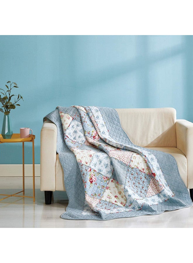Cozyholy Cozyholy Original 100% Cotton Patchwork Quilt Blue Floral Bedspread Coverlet Reversible Vintage Shabby Chic Quilted Throw Blanket Bed Quilt Cover for Couch Sofa  - Image 1