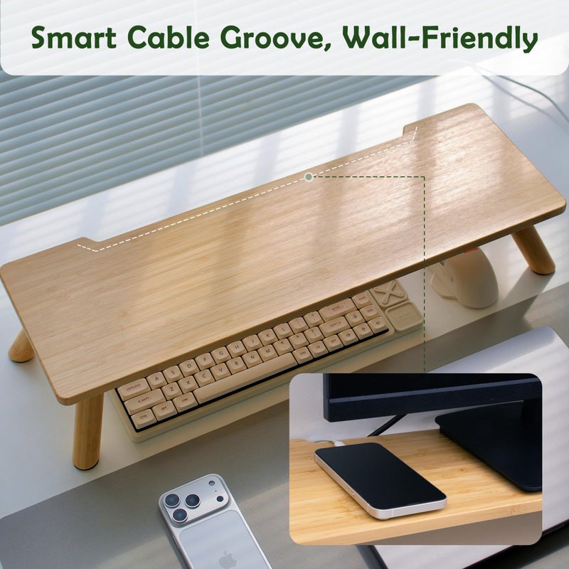 ROCDEER Bamboo Monitor Stand Riser with Cable Routing Slot, Ergonomic Computer Shelf for Desk, Natural Wood Desktop Organizer for Monitor Laptop Printer, Home Office Accessory - Image 5