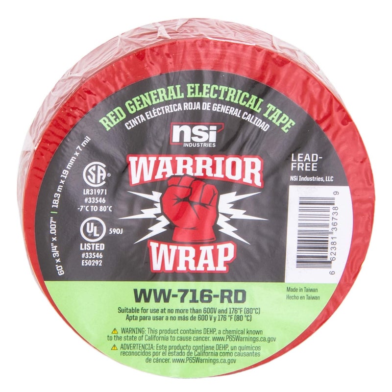 NSI WarriorWrap General 3/4 in. x 60 ft. 7 mil Vinyl Electrical Tape, Red - Image 3