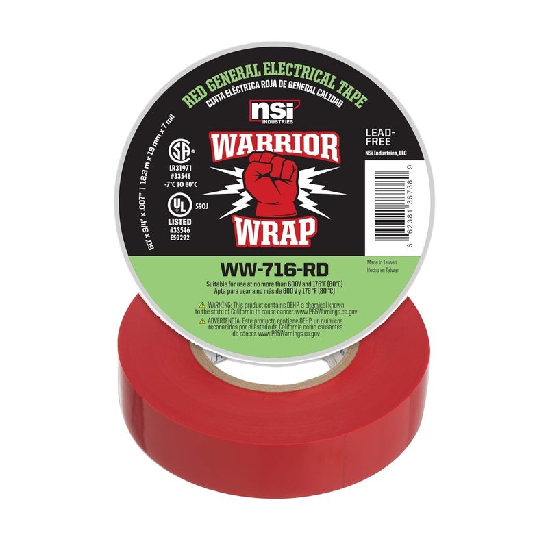 NSI WarriorWrap General 3/4 in. x 60 ft. 7 mil Vinyl Electrical Tape, Red - Image 1