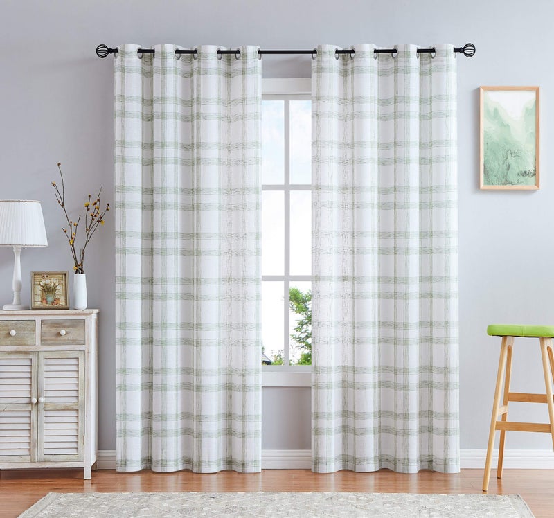 White Green Geometric Window Curtain Panel Pairs 84 Long for Living Room Linen Blend Semi Sheers Grommets Top Rustic Farmhouse Style Window Treatment Drape Sets for Bedroom 54x84x2 SageWhite
