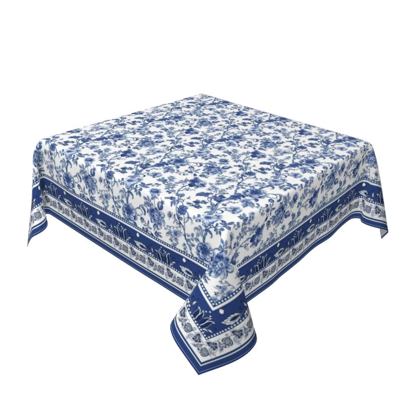 Sorktse Blue Floral Tablecloth Square 54 Inch Vintage Blue and White Floral Table Cloth Polyester Fabric Boho Style Flowers Table Cover for Home Holiday Party Dining Picnic Outdoor Decor - Image 1