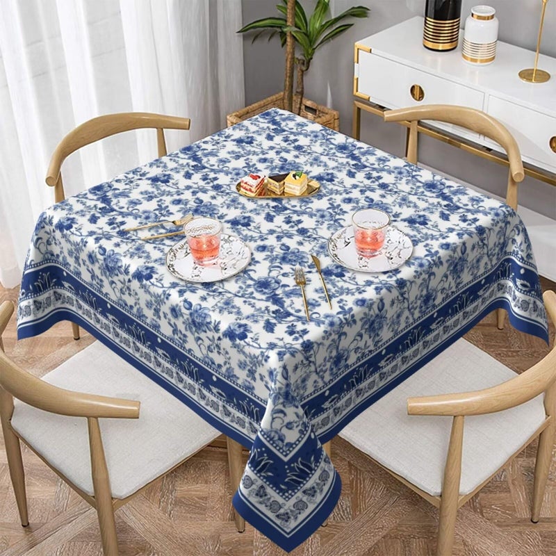 Sorktse Blue Floral Tablecloth Square 54 Inch Vintage Blue and White Floral Table Cloth Polyester Fabric Boho Style Flowers Table Cover for Home Holiday Party Dining Picnic Outdoor Decor - Image 2
