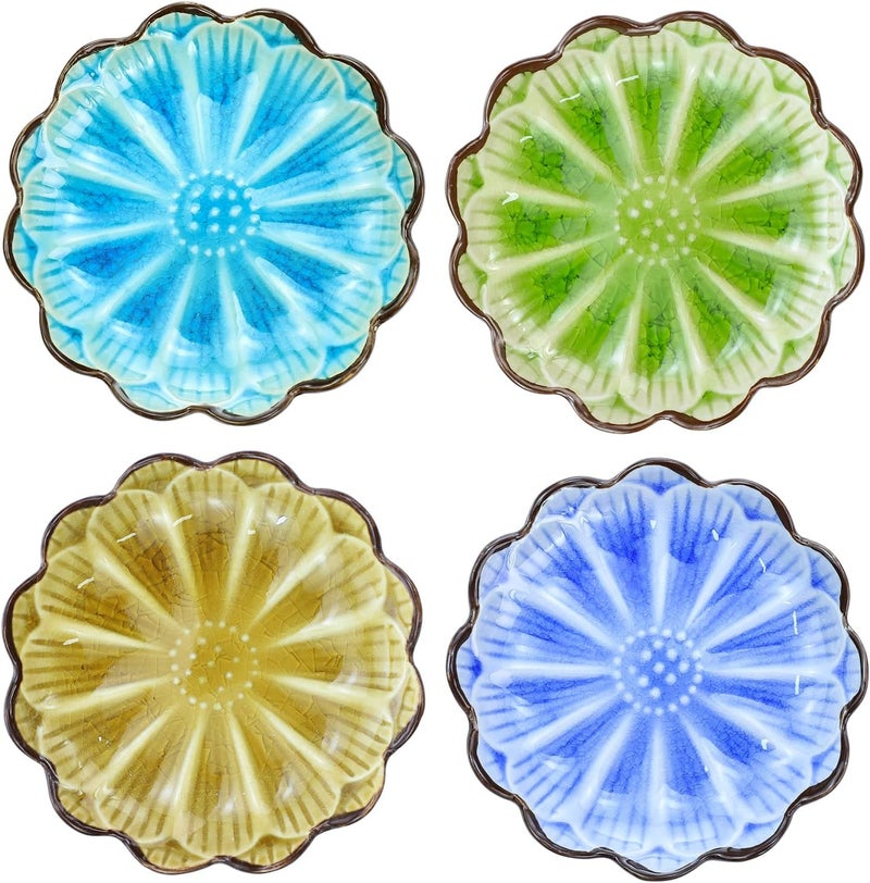Gaolinci Gaolinci 4 Inches Lotus Shaped Ice Crack Ceramics Seasoning DishesTea Bag HoldersKetchup SaucerAppetizer PlatesVinegar Spice Salad Soy Sushi Wasabi Seasoning Dipping Dishes Set of 4  - Image 1