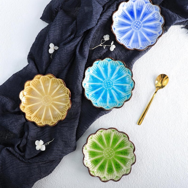 Gaolinci Gaolinci 4 Inches Lotus Shaped Ice Crack Ceramics Seasoning DishesTea Bag HoldersKetchup SaucerAppetizer PlatesVinegar Spice Salad Soy Sushi Wasabi Seasoning Dipping Dishes Set of 4  - Image 5