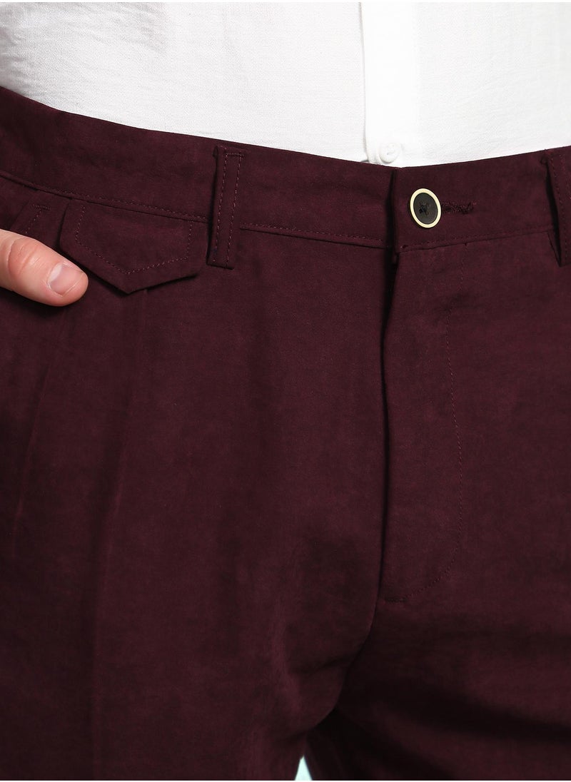 Campus Sutra Men's Burgundy Red Velvique Tailored Trousers  - Image 2