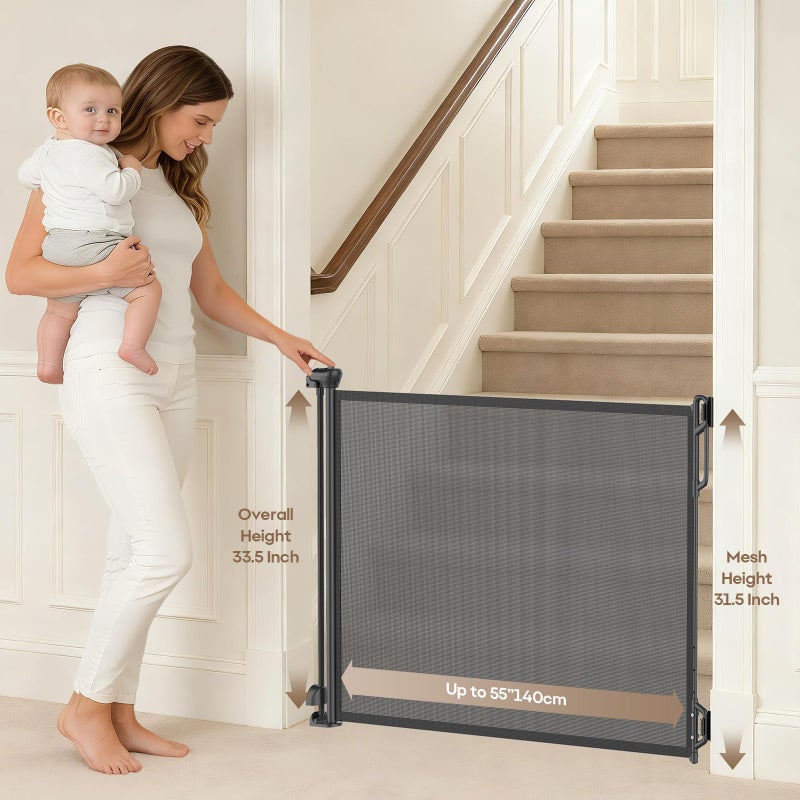 SPACEANY Retractable Safety Baby Gate or Mesh Dog Gate,Durable Portable Mesh Retractable Gate,Easy to Use for Stairs, Doorways, Hallways, Indoor, Outdoor, 33.5" Tall, Up to 55" Wide, Black - Image 2