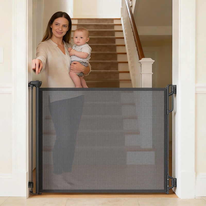 SPACEANY Retractable Safety Baby Gate or Mesh Dog Gate,Durable Portable Mesh Retractable Gate,Easy to Use for Stairs, Doorways, Hallways, Indoor, Outdoor, 33.5" Tall, Up to 55" Wide, Black - Image 1