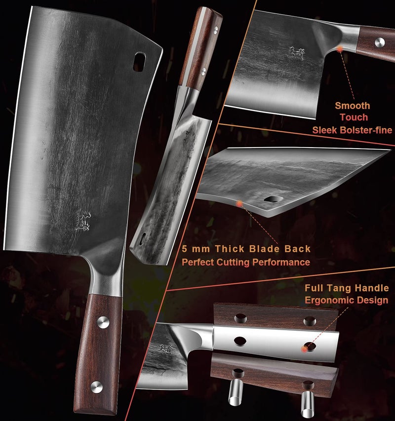 ENOKING Cleaver Knife, 7.5 Inch Hand Forged Meat Cleaver Heavy Duty Bone Chopper German High Carbon Stainless Steel Butcher Knife with Full Tang Handle for Home Kitchen and Restaurant, Ultra Sharp - Image 5