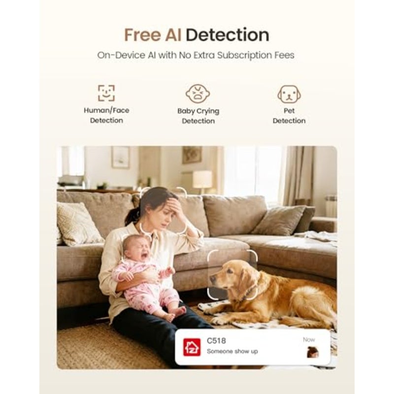 Indoor security camera for home monitoring, plastic body, black color, 4K resolution with AI human/pet detection, 360 view, night vision, 2-way audio, 64GB memory card included, no monthly fee - Image 4