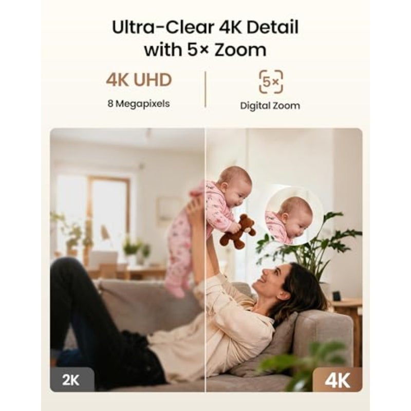 Indoor security camera for home monitoring, plastic body, black color, 4K resolution with AI human/pet detection, 360 view, night vision, 2-way audio, 64GB memory card included, no monthly fee - Image 2