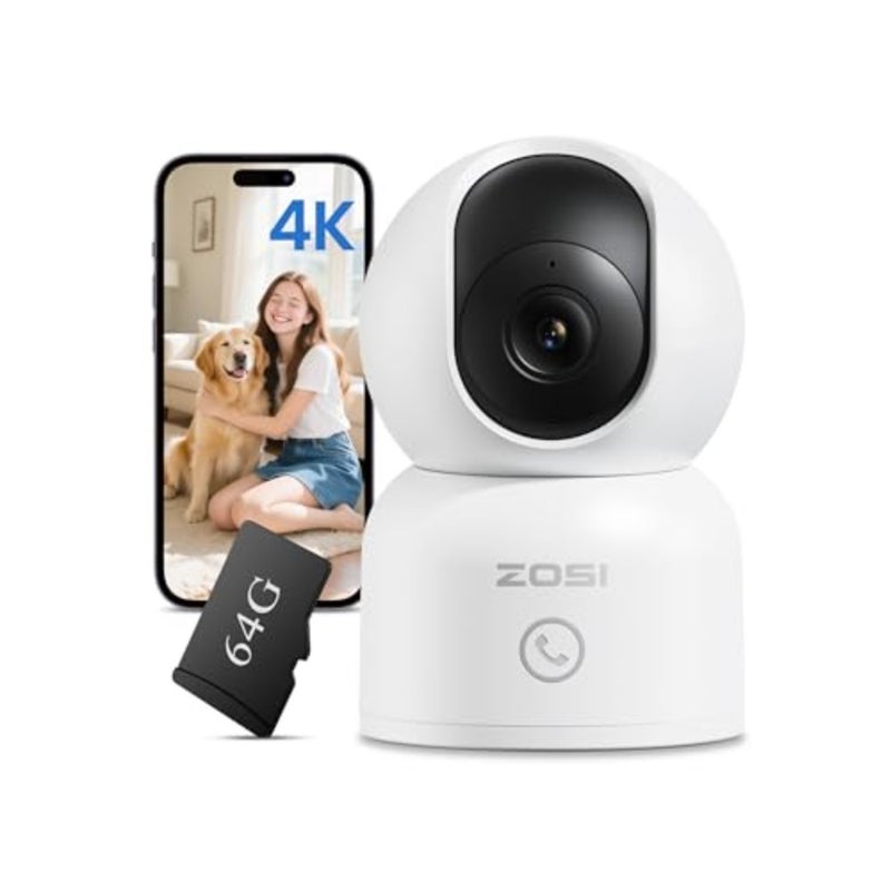 Indoor security camera for home monitoring, plastic body, black color, 4K resolution with AI human/pet detection, 360 view, night vision, 2-way audio, 64GB memory card included, no monthly fee - Image 1