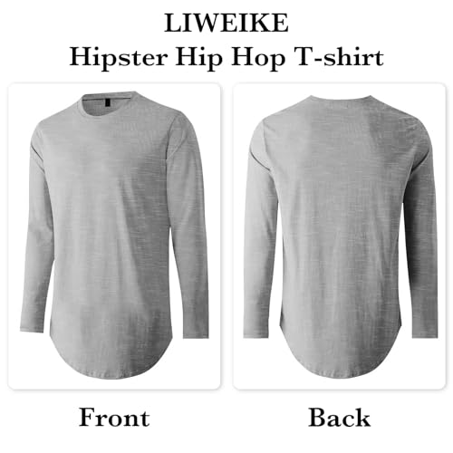 LIWEIKE Mens Solid Extended Hipster Hip Hop Swag Curve Hem Long Sleeve T Shirt (Grey, Medium) - Image 2
