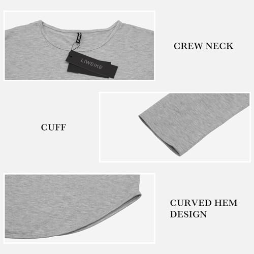 LIWEIKE Mens Solid Extended Hipster Hip Hop Swag Curve Hem Long Sleeve T Shirt (Grey, Medium) - Image 3