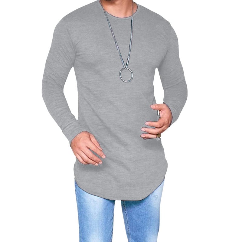 LIWEIKE Mens Solid Extended Hipster Hip Hop Swag Curve Hem Long Sleeve T Shirt (Grey, Medium) - Image 5