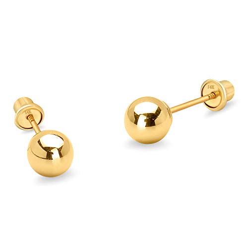 Lovearing 14k Yellow Gold 4mm Plain Hollow Gold Ball Children Screw Back Baby Girls Earrings - Image 1