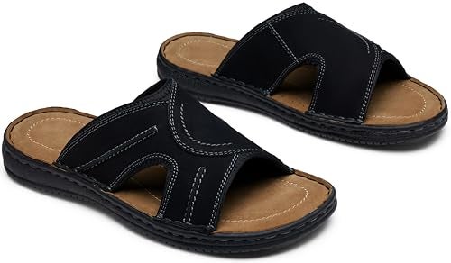 Jousen Men's Leather Sandals Arch Support Slide Outdoor Retro Fisherman Sandals for Men (AMY2004 Black 10) - Image 4