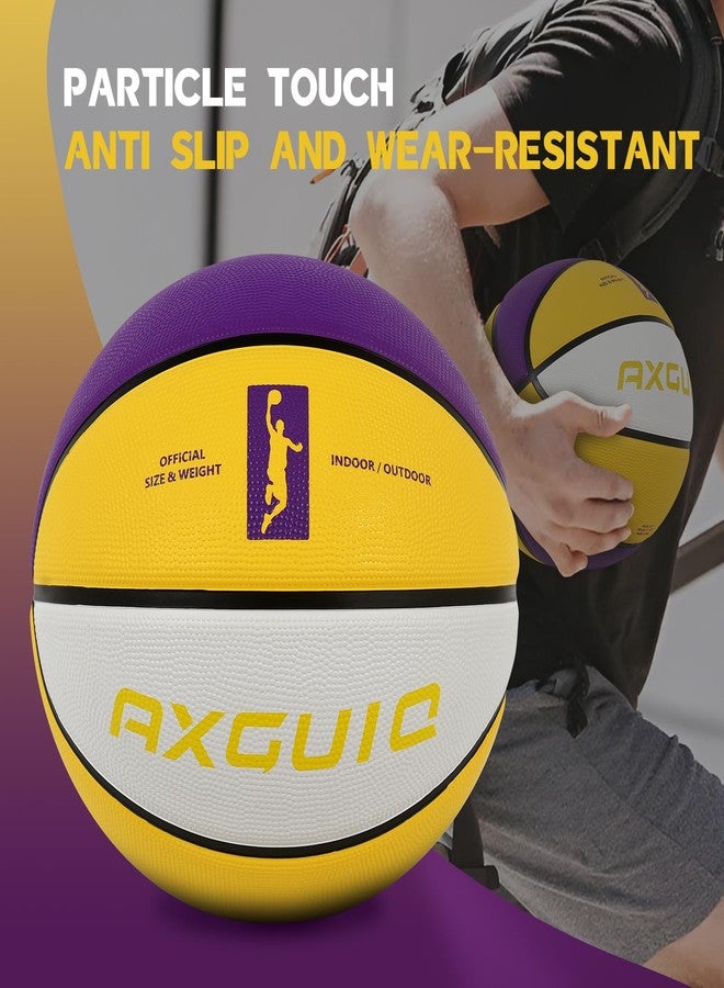 كرة سلة AXGUIQ مقاس 7، طولها 29.5 بوصة، مناسبة للعب داخل الصالات وخارجها، ألوانها أصفر وبنفسجي وأبيض، مصنوعة من المطاط السميك، مقاس رسمي 7، كرة سلة شوارع (غير منفوخة). - Image 3