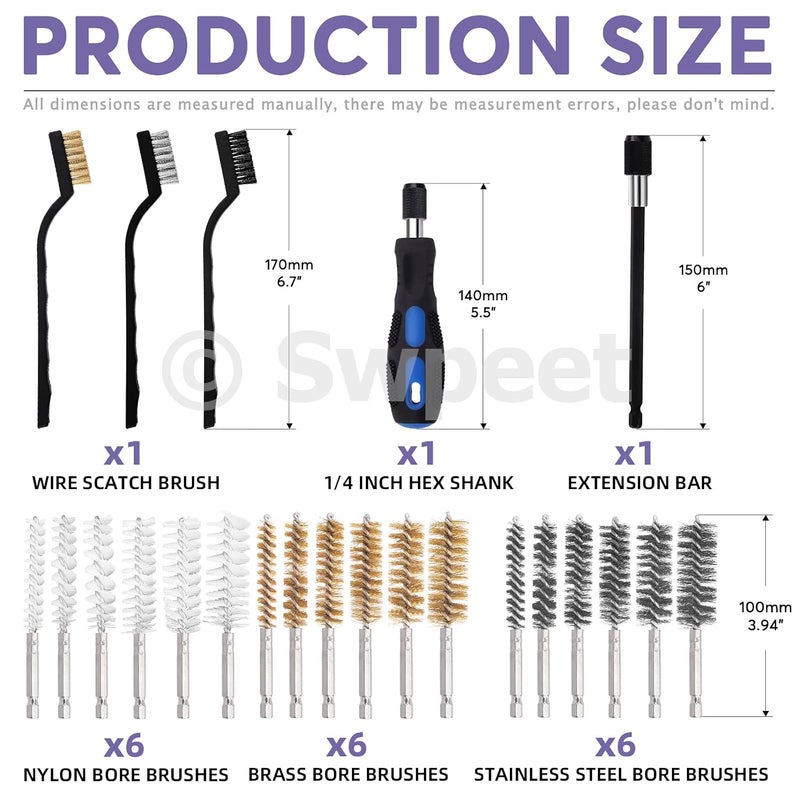24Pcs 3 Materials 6 Sizes Bore Wire Brush with Wire Scatch Brush Kit, Stainless Steel, Brass, Nylon Cleaning Brush with Handle and Twisted Wire Cleaning Brush - 1/4 Inch Hex Shank - Image 2