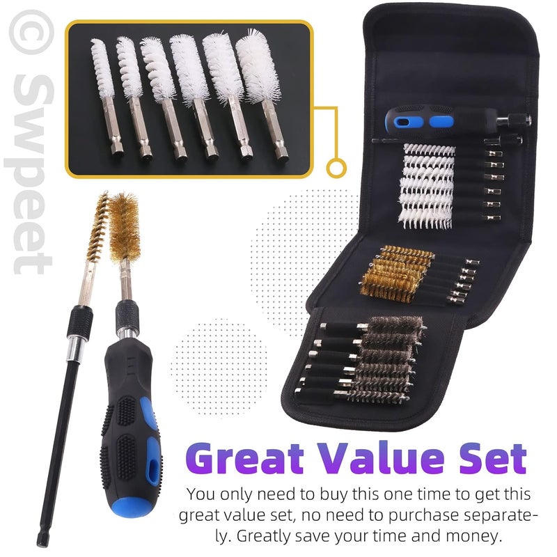 24Pcs 3 Materials 6 Sizes Bore Wire Brush with Wire Scatch Brush Kit, Stainless Steel, Brass, Nylon Cleaning Brush with Handle and Twisted Wire Cleaning Brush - 1/4 Inch Hex Shank - Image 4
