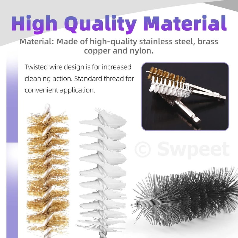 24Pcs 3 Materials 6 Sizes Bore Wire Brush with Wire Scatch Brush Kit, Stainless Steel, Brass, Nylon Cleaning Brush with Handle and Twisted Wire Cleaning Brush - 1/4 Inch Hex Shank - Image 3