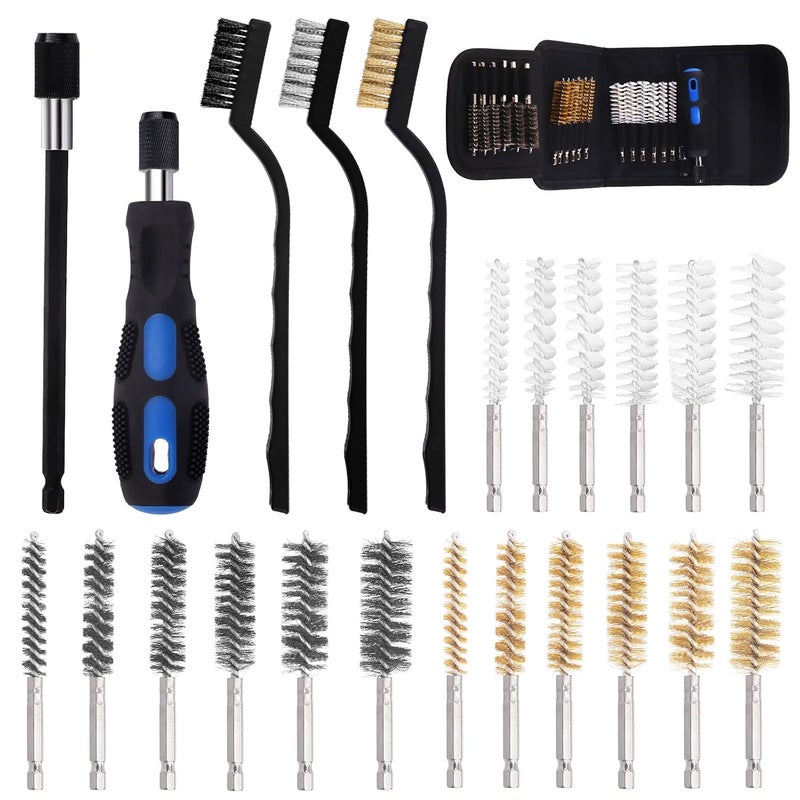 24Pcs 3 Materials 6 Sizes Bore Wire Brush with Wire Scatch Brush Kit, Stainless Steel, Brass, Nylon Cleaning Brush with Handle and Twisted Wire Cleaning Brush - 1/4 Inch Hex Shank - Image 1