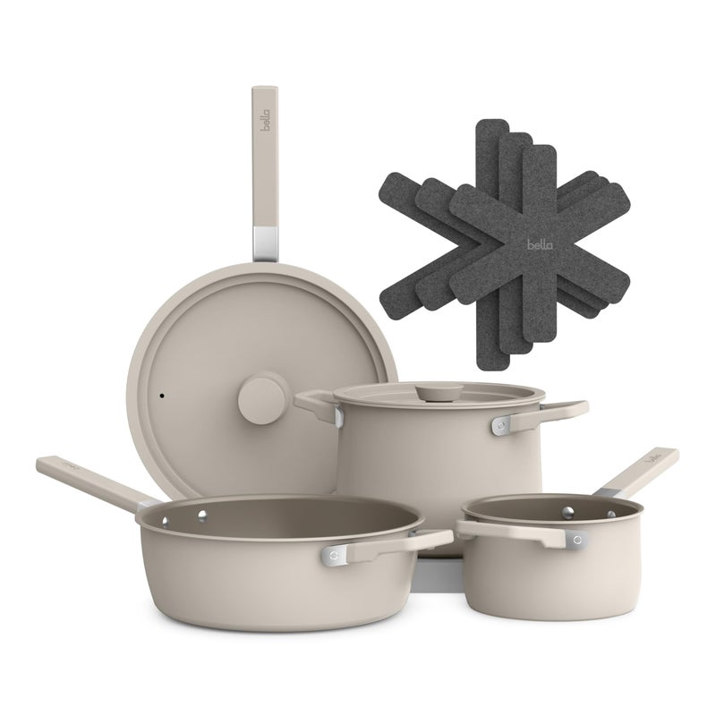bella 9 Piece Ceramic Nonstick Cookware Set, Fits-anywhereâ„¢ Kitchenware w EverGoodâ„¢ Coating, Dishwasher & Oven Safe, All Stovetops Compatible, Stackable Design, Cool Touch Handles, Oatmilk - Image 1