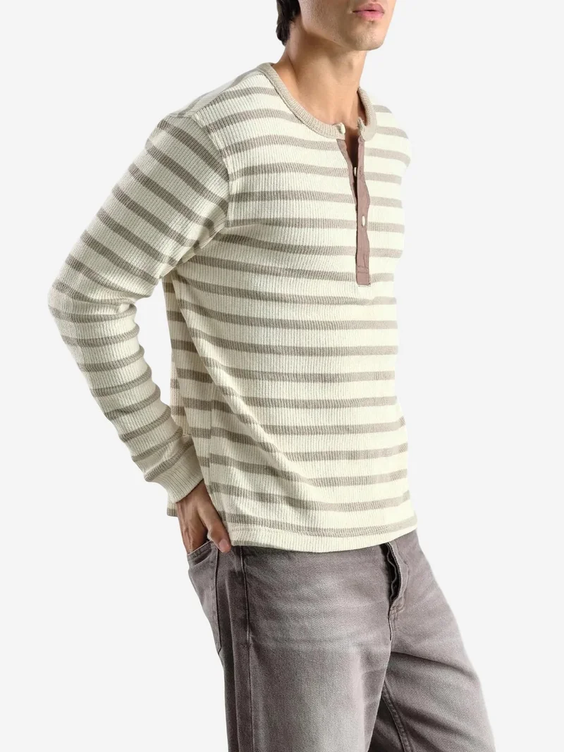 Giesto Beige Natural GIESTO Striped Button Collar Long Sleeve T-Shirt for Men | Best Price UAE