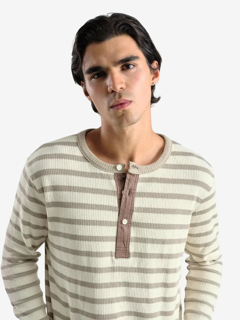 Giesto Beige Natural GIESTO Striped Button Collar Long Sleeve T-Shirt for Men | Best Price UAE