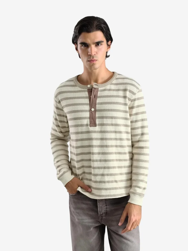 Giesto Beige Natural GIESTO Striped Button Collar Long Sleeve T-Shirt for Men | Best Price UAE