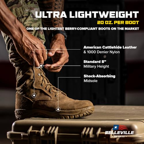 Belleville Flyweight C320 8” Combat Boots for Men - Ultra-Lightweight Army/Air Force OCP ACU Coyote Brown Leather with Traction Outsole; Berry Compliant - 9 R - Image 4