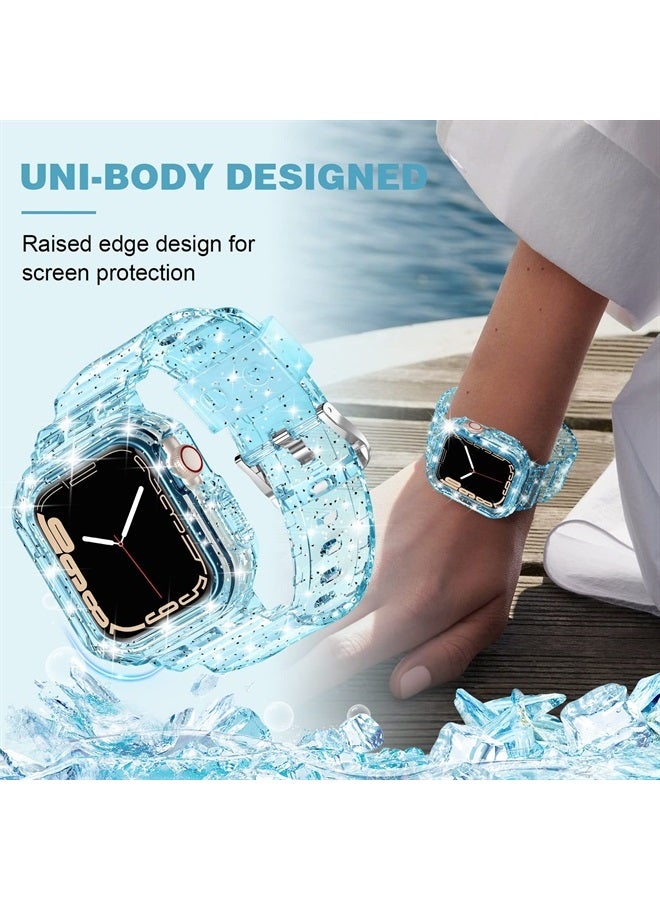XYF Compatible for Crystal Clear Apple Watch Bands, 45mm 44mm 42mm 41mm 40mm 38mm with Bumper Case for Women Jelly Sport Case and Band for iWatch Series 8 7 SE/6 5 4 3 2 1 (GlitterBlue, 42/44/45mm) - Image 2