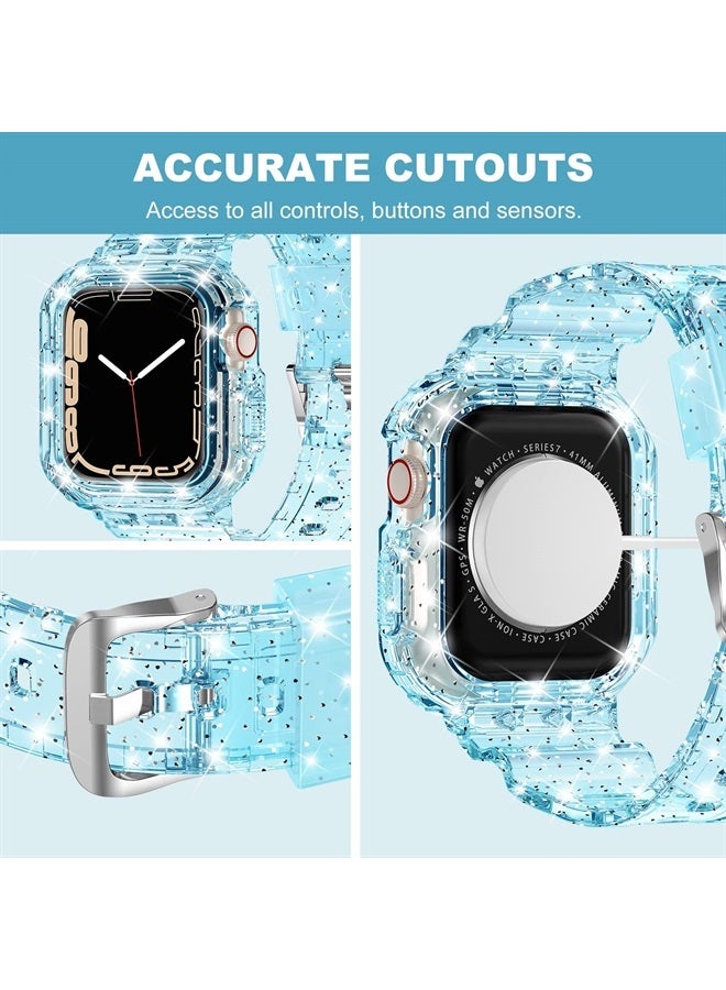 XYF Compatible for Crystal Clear Apple Watch Bands, 45mm 44mm 42mm 41mm 40mm 38mm with Bumper Case for Women Jelly Sport Case and Band for iWatch Series 8 7 SE/6 5 4 3 2 1 (GlitterBlue, 42/44/45mm) - Image 1