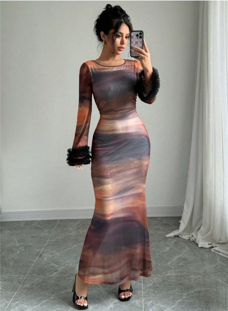 SHEIN Fashionable Tie-Dye Mesh Color Block Flare Sleeve Dress, Spring/Fall - Image 4