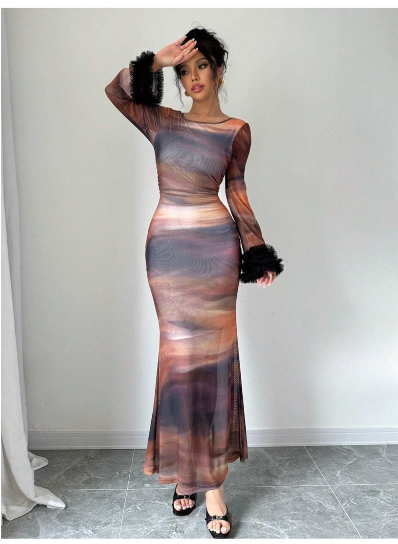 SHEIN Fashionable Tie-Dye Mesh Color Block Flare Sleeve Dress, Spring/Fall - Image 3