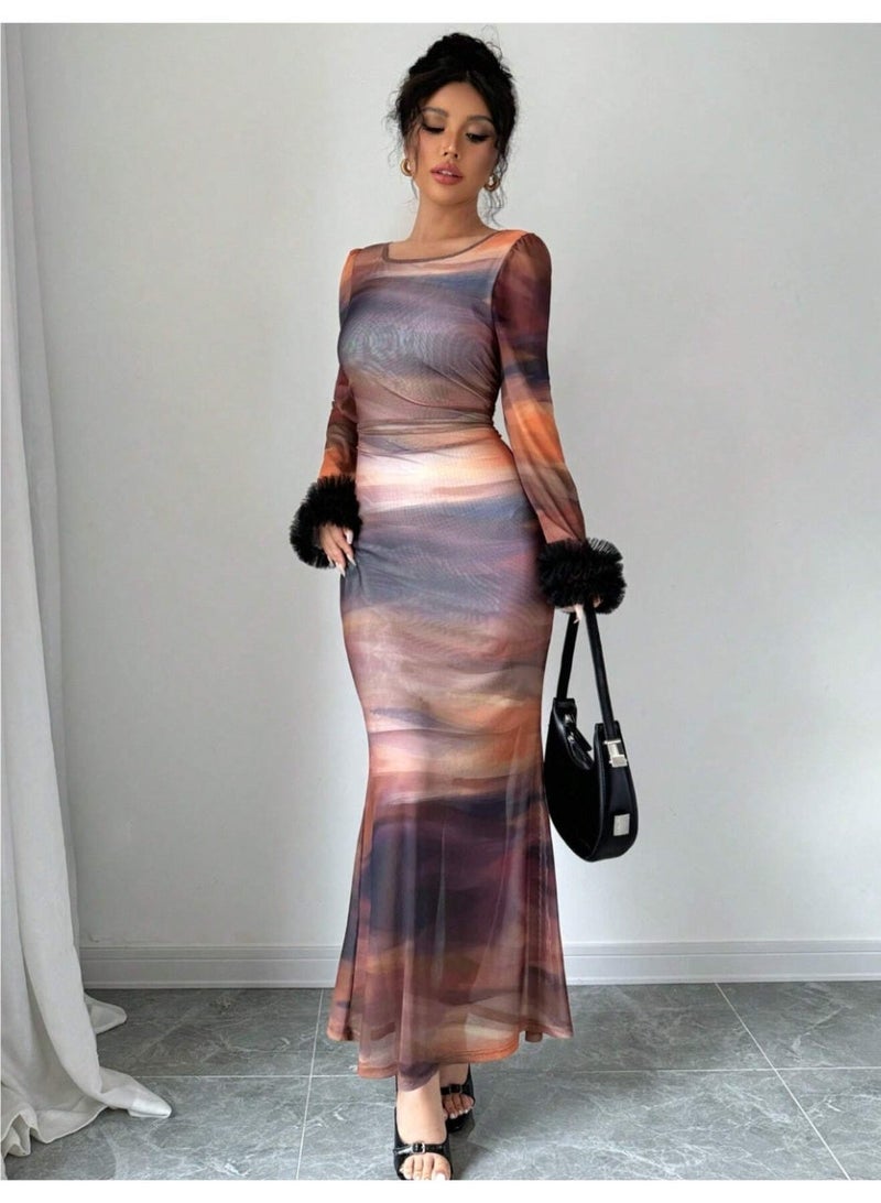 SHEIN Fashionable Tie-Dye Mesh Color Block Flare Sleeve Dress, Spring/Fall - Image 2