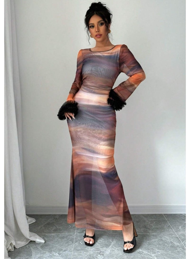 SHEIN Fashionable Tie-Dye Mesh Color Block Flare Sleeve Dress, Spring/Fall - Image 1