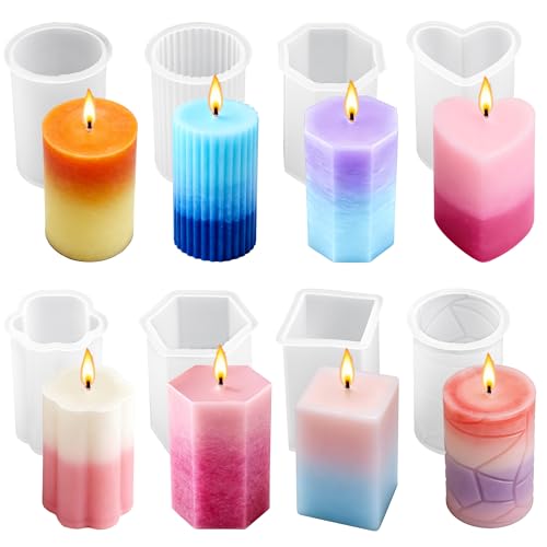 QCCTPUU 8PCS Reusable Silicone Candle Molds Set - Cylinder/Hexagon/Octagonal/Heart/Flower/Square Shapes for DIY Candle Making, Soap, Resin Crafts, Easy Release Candle Making Kit (8, Cylinder & Hexagon) - Image 1