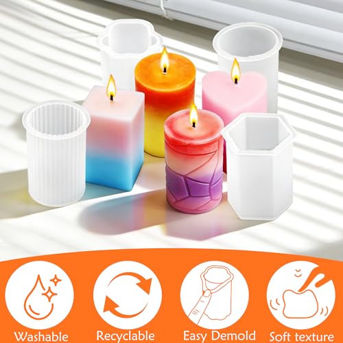 QCCTPUU 8PCS Reusable Silicone Candle Molds Set - Cylinder/Hexagon/Octagonal/Heart/Flower/Square Shapes for DIY Candle Making, Soap, Resin Crafts, Easy Release Candle Making Kit (8, Cylinder & Hexagon) - Image 4
