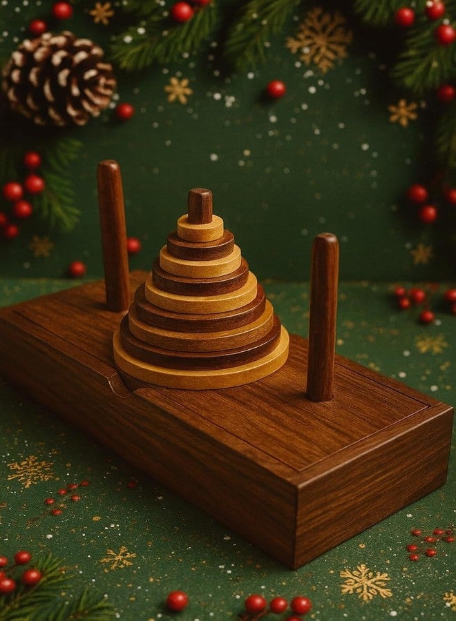 LUCKYMORDEN Tower of Hanoi Game Wooden Puzzle Brainteaser, 9 Rings Logic Game, Premium Rosewood, Learning Intellectual Thinking Toy - Image 2