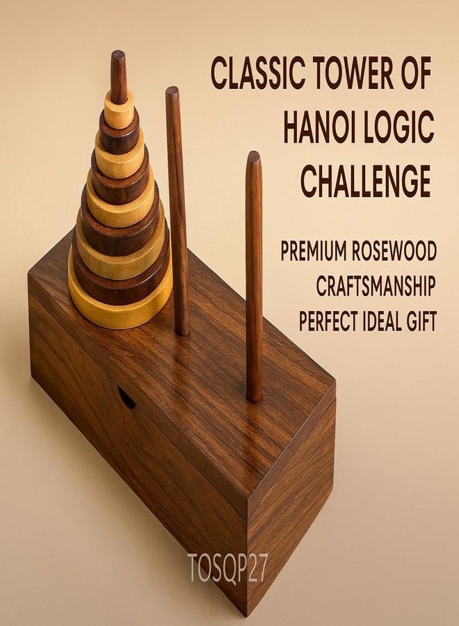 LUCKYMORDEN Tower of Hanoi Game Wooden Puzzle Brainteaser, 9 Rings Logic Game, Premium Rosewood, Learning Intellectual Thinking Toy - Image 4