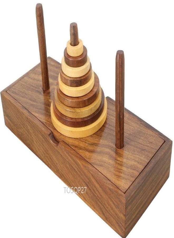 LUCKYMORDEN Tower of Hanoi Game Wooden Puzzle Brainteaser, 9 Rings Logic Game, Premium Rosewood, Learning Intellectual Thinking Toy - Image 1