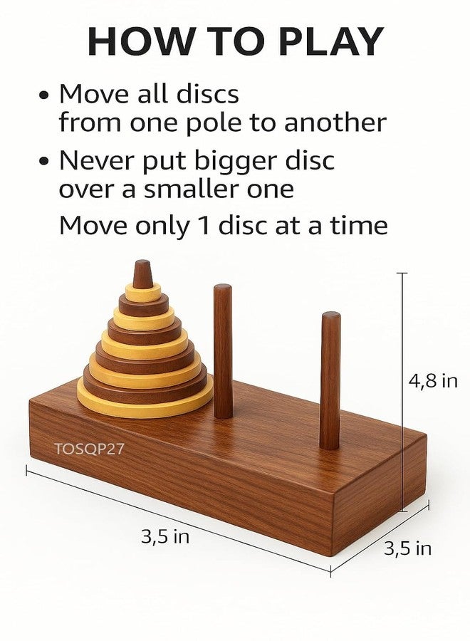 LUCKYMORDEN Tower of Hanoi Game Wooden Puzzle Brainteaser, 9 Rings Logic Game, Premium Rosewood, Learning Intellectual Thinking Toy - Image 3