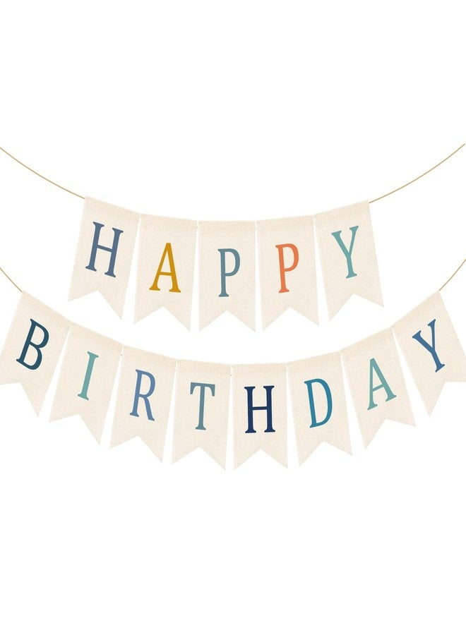 Doumeny Happy Birthday Burlap Banner Boho Birthday Bunting Garland Blue Bohemian Sign Flag White Birthday Hanging Banner Pastel Decor for Home Mantel Fireplace Nursery Party Backdrop - Image 1