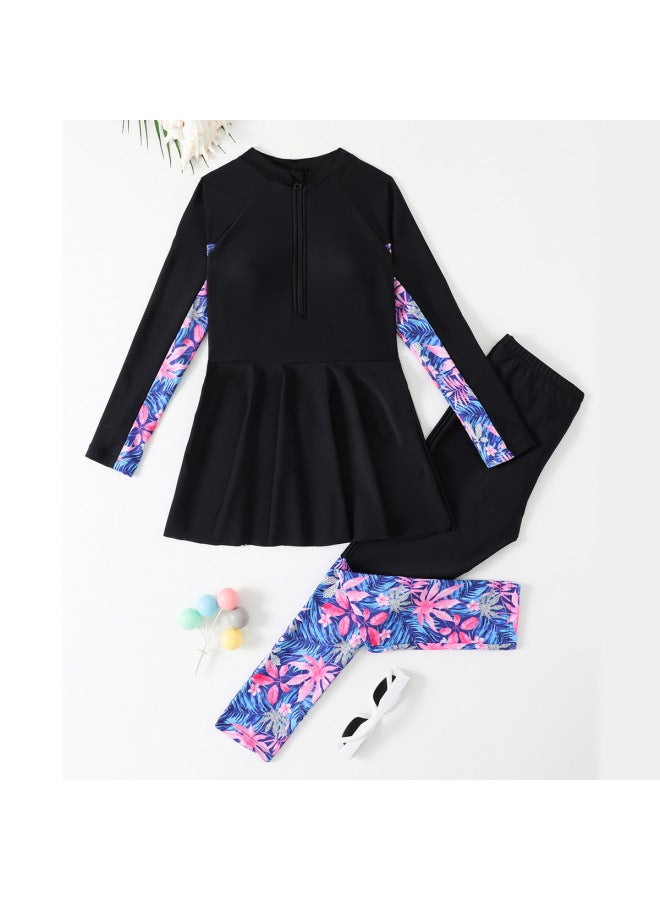 Generic Children's Swimwear Middle East Muslim Conservative Split Two-piece Long Sleeve Trousers Big Girls' Swimwear-Color:Black-Size:140  - Image 4